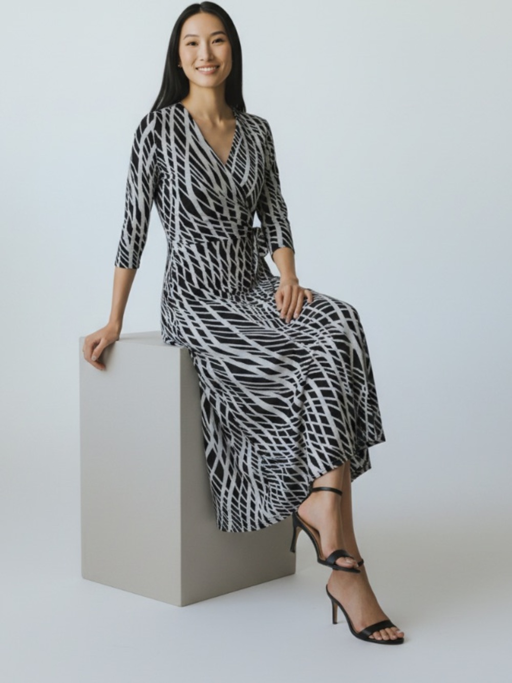 Anne Klein Black & White Geometric Wrap Side Tie Maxi Dress